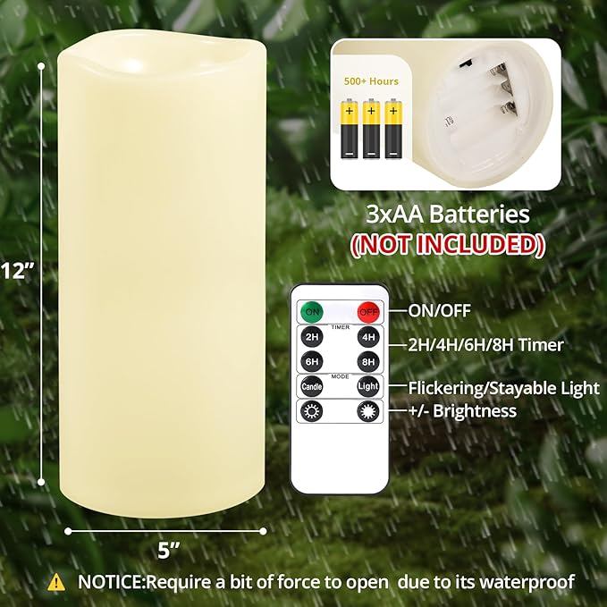 NURADA Large Outdoor Flameless Candles 12" x 5" - Waterproof LED Pillar Flickering Candle Battery Operated with Timer Remote Control for Patio Porch Lanterns Decor - Long Lasting Set of 2