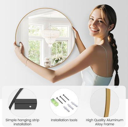30" Gold Round Mirror for Wall, Large Circle Bathroom Mirror for Over Sink, Matte Gold Metal Frame, HD Eco-Friendly Glass, Contemporary Vanity Mirror for Entryway Hallway Living Room Home Decor, Easy