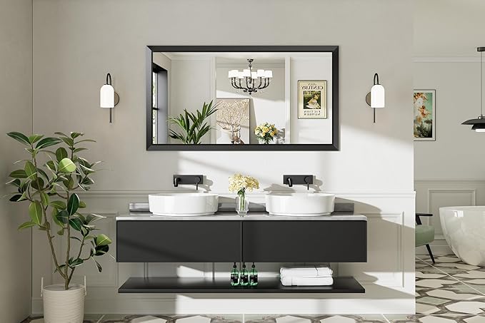 Briivue 55x30 Inch Black Bathroom Mirror for Wall, Thick Metal Framed Rectangle Mirrors for Over Sink, Bedroom, Living Room, Entryway, Anti-Rust, HD Tempered Glass