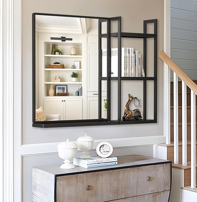 Black Metal Framed Bathroom Mirror with Shelf, 24.4 X 31 in Rectangular Wall Mounted Bathroom Vanity Mirror, Modern Bathroom Mirror with Storage for Over Sink, Entryway (Black)