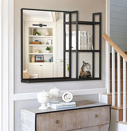 Black Metal Framed Bathroom Mirror with Shelf, 24.4 X 31 in Rectangular Wall Mounted Bathroom Vanity Mirror, Modern Bathroom Mirror with Storage for Over Sink, Entryway (Black)