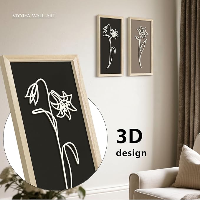 VIYYIEA Wooden 3d Floral Bathroom Wall Decor, Ready-to-Hang Framed Wall Art For Living Room, Bedroom and Office, Boho Botanical Farmhouse Decoration, Lightweight but Valuable Gift (7x16 In, set of 2)