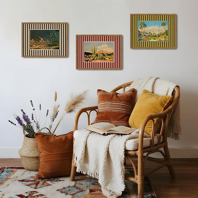 Framed Vintage Western Landscape Wall Art Set of 3, Striped Postcards Southwest Desert Cactus Pictures Wall Decor Paintings, Boho Plant Canvas Prints for Living Room Bedroom Office 16x24 inch