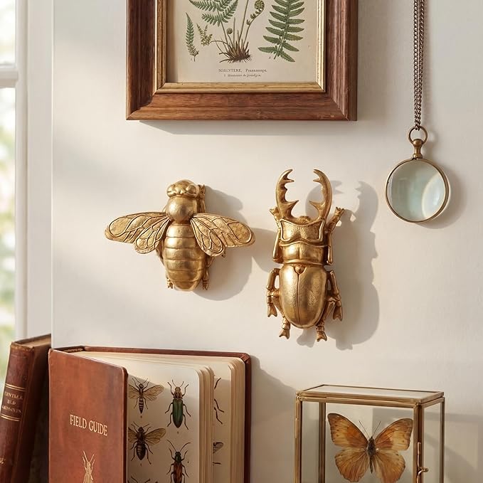 Kathfly 2 Pcs Vintage Beetle and Bee Wall Sculpture Decor Antique 3D Beetle and Bee Gold Resin Wall Decorations Golden Brass Floating Ornament for Living Room Garden Outdoor