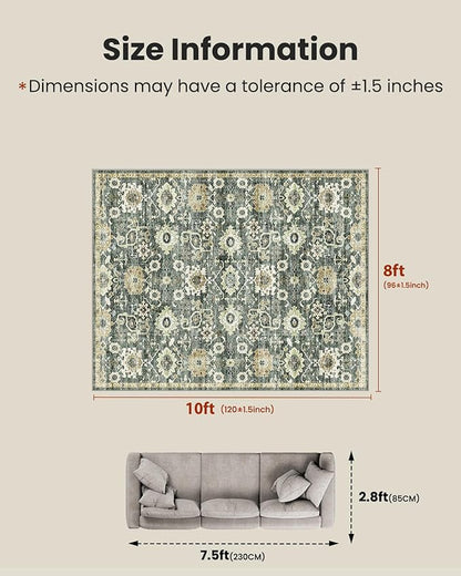 AMADA HOMEFURNISHING 8x10 Washable Area Rug, Low-Profile Large Area Rug with Non-Slip Backing & Durable Edge Binding, Vintage Large Rugs for Living Room, Bedroom, Dinning Room