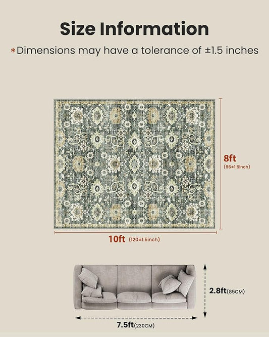 AMADA HOMEFURNISHING 8x10 Washable Area Rug, Low-Profile Large Area Rug with Non-Slip Backing & Durable Edge Binding, Vintage Large Rugs for Living Room, Bedroom, Dinning Room