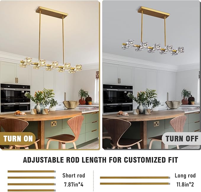 Modern Crystal Chandelier for Dining Room,Gold Pendant Lights Fixture with 10-Lights,Adjustable Height Hanging Ceiling Light for Kitchen Island,Bedroom,Over Table,Living Room
