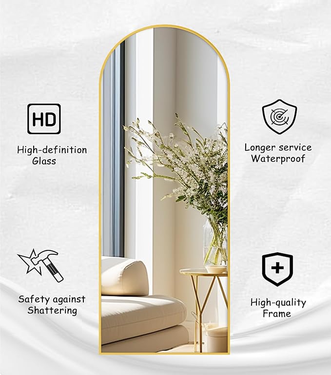 Rowjut Full Length Mirror Arched Floor Length Mirrors, 71"x26" Large Full Body & with Stand&Arch Wall Mounted &Standing Mirror for Bedroom Living Room, Aluminum Frame, Gold