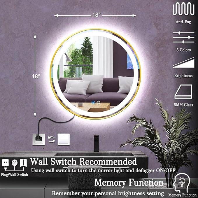 Gold Frame LED Round Mirror with Lights Smart Memory 3 Color Dimmable Anti-Fog 18 Inch Gold Framed Round Lighted Mirrors for Bathroom Wall Makeup Golden Circle Round Vanity Mirror with Light