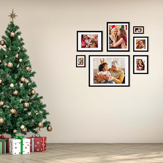 Egofine 11x11 Picture Frames 4 PCS, Made of Solid Wood Covered by Plexiglass for Pictures 4x4/8x8 with Mat for Table Top Display and Wall Mounting Square Photo Frame Black