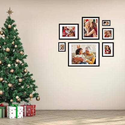Egofine 11x11 Picture Frames 4 PCS, Made of Solid Wood Covered by Plexiglass for Pictures 4x4/8x8 with Mat for Table Top Display and Wall Mounting Square Photo Frame Black