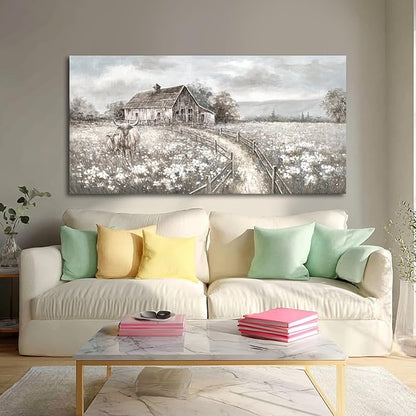 Highland Cow Canvas Wall Art, Neutral Landscape – Rustic Country Cottage with Beige Meadow Flowers, Large Framed Canvas, Ready to Hang, 24x48 Inches