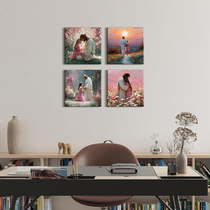 4 Piece Christian Canvas Wall Art Jesus Wall Decor Jesus Embracing Girls Pictures Canvas Prints Pink Women Bedroom Decor Sunset Landscape Posters Prayer Religious Artwork Living Room Decoration 12x12”