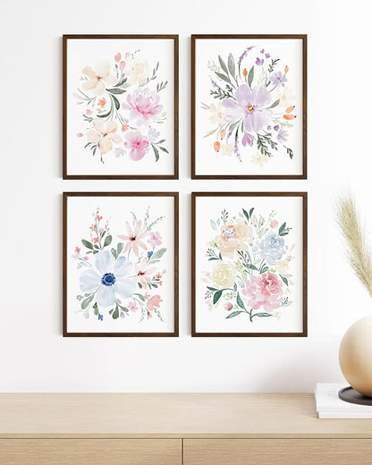 HAUS AND HUES Botanical Prints - Set of 4 Floral Wall Decor, Botanical Flower Pictures (Walnut Frame, 11x14)