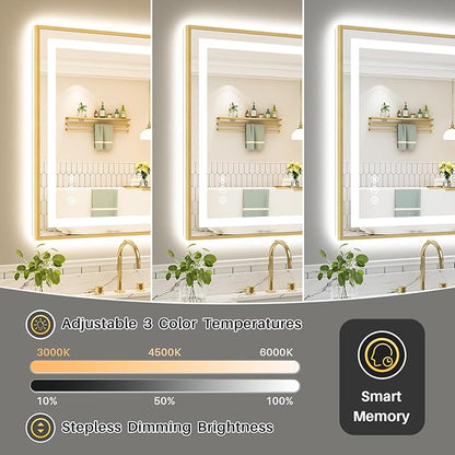 60x40 Inch LED Bathroom Mirror with Gold Frame, Backlit & Front Lit, Anti-Fog Lighted Bathroom Vanity Mirror for Wall, Memory Function, Dimmable, HD Tempered Glass, Shatter-Proof