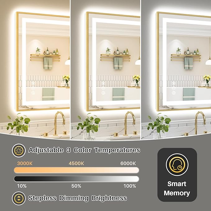 40x30 Inch LED Bathroom Mirror with Gold Frame, Backlit & Front Lit, Anti-Fog Lighted Bathroom Vanity Mirror for Wall, Memory Function, Dimmable, HD Tempered Glass, Shatter-Proof