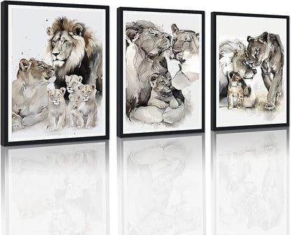 3 Pieces Wildlife Animals Framed Canvas Wall Art Vintage Lion Family Picture Wall Decor for Country House Modern Lions Animal Print Artwork for Living Room Decoration Easy to Hand 16x24inchx3pcs