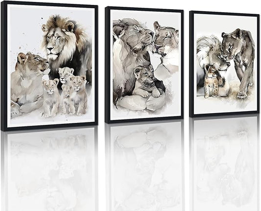 3 Pieces Wildlife Animals Framed Canvas Wall Art Vintage Lion Family Picture Wall Decor for Country House Modern Lions Animal Print Artwork for Living Room Decoration Easy to Hand 16x24inchx3pcs