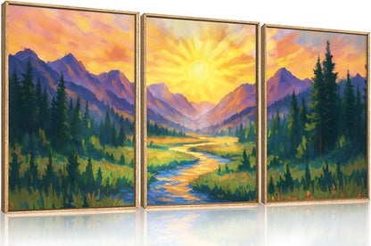 HPNIUB Boho Sunrise Mountain Framed Wall Art Set,Colorful Nature Wilderness Wall Decor,Abstract Landscape Art Print,Sunset Pine Tree Artwork for Living Room, Bedroom,Dining Room,Office-16''x24''x3