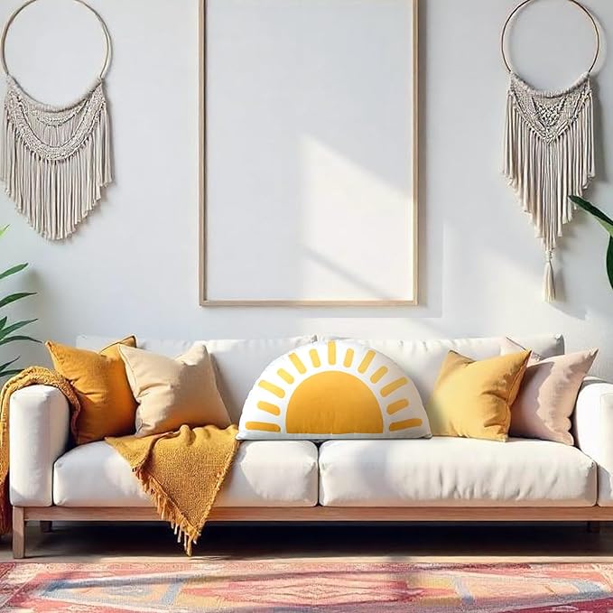 Newwiee Sunshine Throw Pillow Boho Classroom Reading Corner Semicircular Cute Soft Throw Sun Pillow Decorative for Book Center Daily Cushion Semicircular Home Bedroom Playroom Decor 10 x 16 Inch