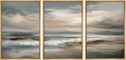 SIGNLEADER Framed Canvas Print Wall Art Set Coastal Ocean Waves Neutral Seascape Abstract Illustrations Modern Art Boho Decorative for Living Room, Bedroom, Office - 16"x24"x3 NATURAL