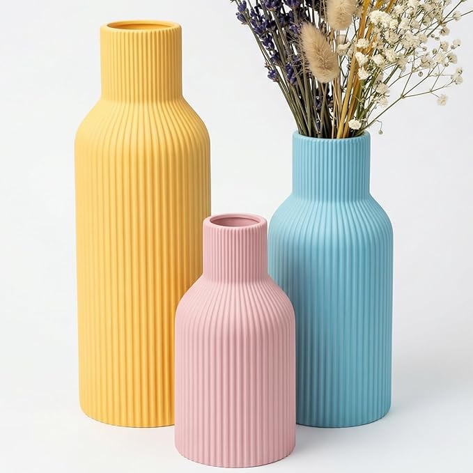 Colorful Ceramic Vases Set of 3, Matte Round Vertical Ribbed,Minimalist for Pampas Dried & Fresh Flowers, Centerpiece for Living Room, Shelf, Entryway, Wedding (Pink, Blue, Yellow)