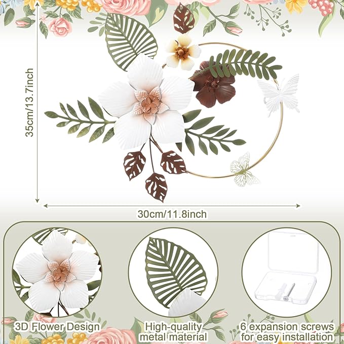 3D Metal Flower Wall Decor - 13.78'' Gold Circle Floral Wall Art with Green Tropical Leaves and Butterflies, Modern Boho Rustic Hanging Sculpture for Living Room Bedroom Bathroom Entryway Kitchen