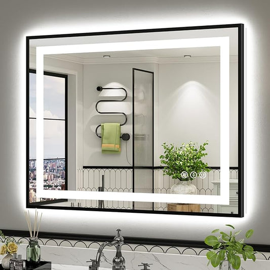 40x32 Inch LED Bathroom Mirror with Black Frame, Backlit & Front Lit, Anti-Fog Lighted Bathroom Vanity Mirror for Wall, Memory Function, Dimmable, HD Tempered Glass, Shatter-Proof