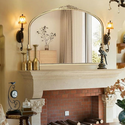 OUSHUAI Antique Gold Mirror,Ornate Wide Mirror Decor,Arched Big Mirror for Entryway/Bathroom/Fireplace 37"X29" Champagne Gold