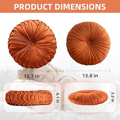 Teieas 2 Pcs Round Throw Pillows Pleated Velvet Pumpkin Round Pillows Floor Cushion for Living Room Couch Chair Bed Sofa 15.7"x15.7"/13.8" x 13.8" (Olive)