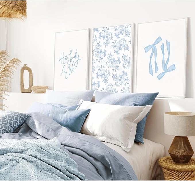 Baccone Blue Bow Wall Art Floral Canvas Wall Decor Coquette Flower Wall Art Trendy Aesthetic Poster Girly Preppy Pictures Blue Floral Prints for Living Room Bathroom 12x16 Inch Unframed Set of 3