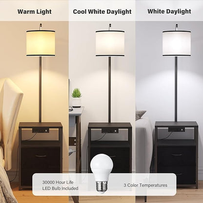 SUNMORY Floor Lamp with Table & 2 Drawers, Lamp with USB Port and Outlet, Lamps for Nightstand with 3 Color Temperature Led Bulb Included, Floor Lamps for Living Room, Bedroom and Home Office, Black