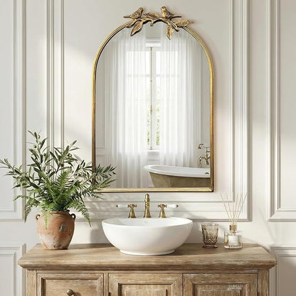 Gold Baroque Vintage Mirror for Vanity 24x35Inch Gold Antique with Ornate Frame, Arched Vintage Wall for Bathroom, Living Room, Fireplace, Entryway