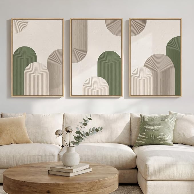 Framed Green Beige Abstract Wall Art for Living Room, 3 Piece Large Neutral Modern Minimalist Canvas Artwork for Walls, Boho Bauhaus Geometric Painting Prints for Hallway Office Wall Decor, 24x36 Inch
