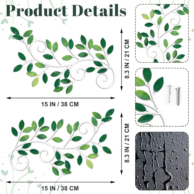 ESTART 2 Pieces Metal Tree Leaf Wall Decor Vine Olive Branch Leaf Wall Art Ornament Wall Hanging Sign for above Door, Living Room, Office, Indoor and Outdoor Decoration (Green)