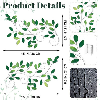 ESTART 2 Pieces Metal Tree Leaf Wall Decor Vine Olive Branch Leaf Wall Art Ornament Wall Hanging Sign for above Door, Living Room, Office, Indoor and Outdoor Decoration (Green)