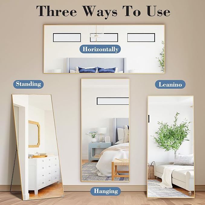 NEWBULIG Mirror Full Length, 65"x24" Body Wall Mirrors with Shatter-Proof Glass, Upgraded Floor Standing Mirror, Hanging or Leaning, with Stand Aluminum Alloy Frame for Home Decor, Bedroom, Gold