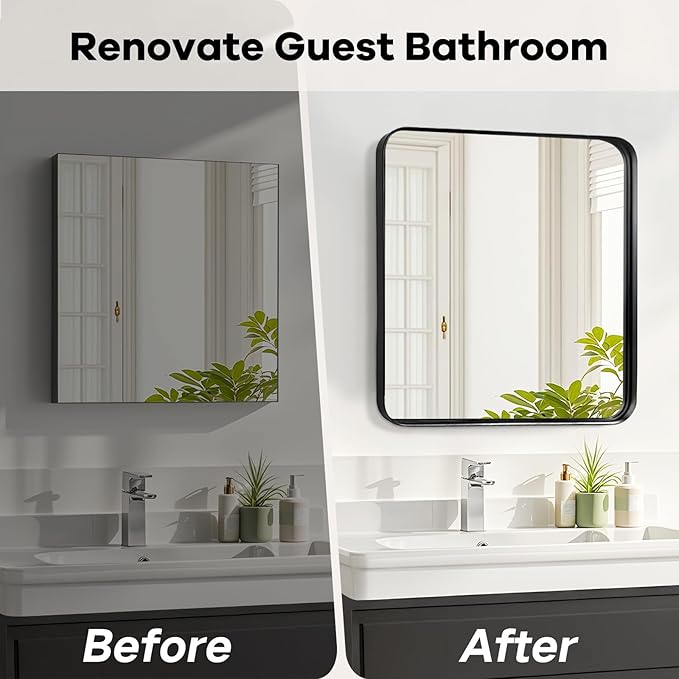 30x30 Inch Bathroom Mirrors for Over Sink - Black Metal Framed Square Mirror for Bathroom, Black Wall Mounted Vanity Mirrors for Restroom, Entryway, High-Definition