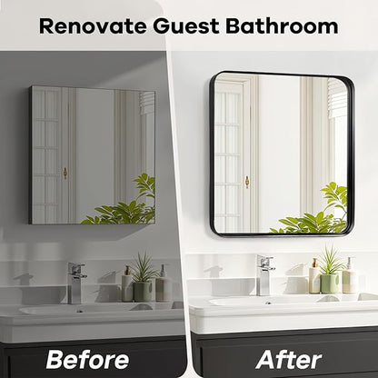 30x30 Inch Bathroom Mirrors for Over Sink - Black Metal Framed Square Mirror for Bathroom, Black Wall Mounted Vanity Mirrors for Restroom, Entryway, High-Definition