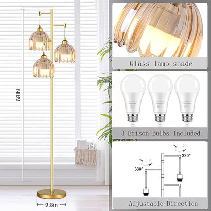 Gold Floor Lamps for Living Room Vintage Floor Lamp with Glass Lmapshape & Three Led Bulb,Glass Floor Lamps Brass Mid Century Modern Standing Lamp Tall Tree Flower Floor Lamp for Bedroom,Office,Corner