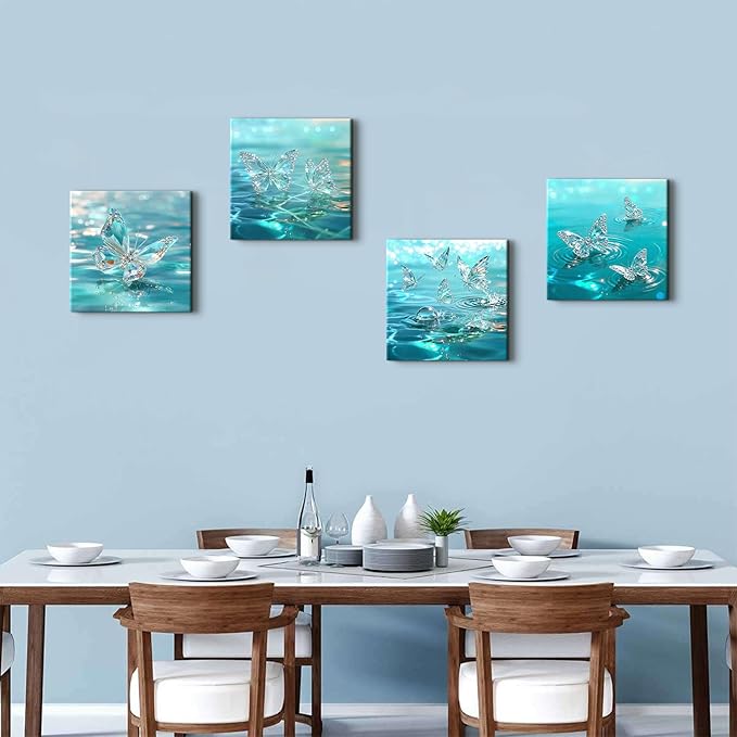 4 Piece Butterfly Wall Art Turquoise Pictures for Bedroom Decor Crystal Butterflies Wall Decor Teal Blue Butterfly Posters Prints Water Scenery Paintings Artwork Living Room Home Decorations 12x12”