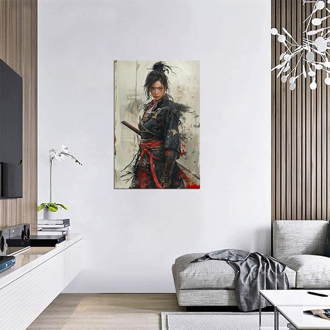 Japanese Female Samurai Wall Art Woman Fight Painting Canvas Prints Warrior Figure Pictures Bushido Posters Japanese Culture Theme Artwork for Bedroom Living Room Decor (18''W x 24''H)