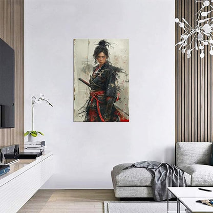 Japanese Female Samurai Wall Art Woman Fight Painting Canvas Prints Warrior Figure Pictures Bushido Posters Japanese Culture Theme Artwork for Bedroom Living Room Decor (18''W x 24''H)