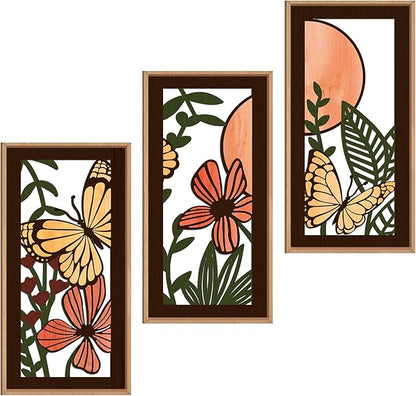 IARTTOP Wood Floral Framed Wall Art 8x16 Inch Set of 3 Abstract Green Leaf Butterfly Wooden Wall Decor Minimalist Nature Landscape Artwork for Living room Bedroom Dining room