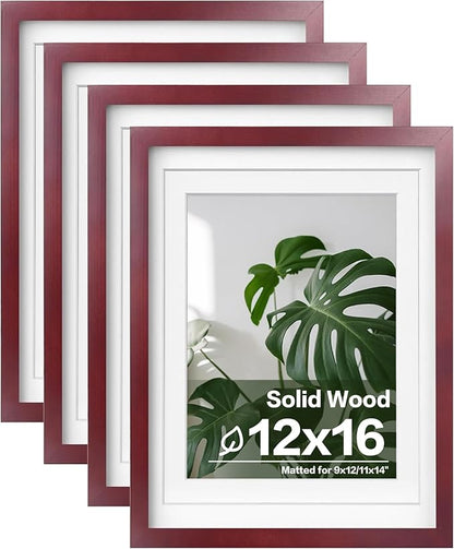 Egofine 12x16 Picture Frames with Plexiglass, Display Pictures 9x12/11x14 with Mat or 12x16 Without Mat Set of 4 for Wall Mounting,Cherry Red