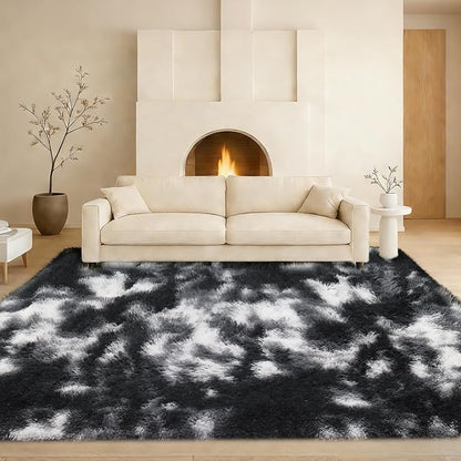 Large 9x12 Area Rug for Living Room, Soft Shag Rugs for Bedroom, Non-Slip Ultra Fluffy Rug,Modern Plush Carpet for Girls Boys Kids Room Dorm,Fuzzy Rug,Black White Grey