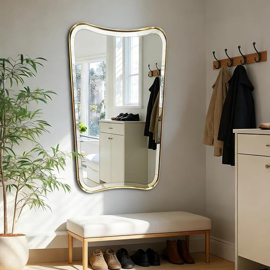 POZINO Brushed Gold Beveled Mirrors, 24"x40" Bathroom Vanity Mirror for Over Sink, Butterfly Shaped Mirrors Decorative, Modern Rectangle Aesthetic Wall Mirror for Living Room Bedroom Hallway Entryway