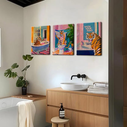 Funny Tiger Bathroom Wall Art Set of 3 Whimsical Tiger in Bathtub Canvas Wall Decor Painting Maximalist Animal Bathroom Poster Print Aesthetic 12x16 inch Framed