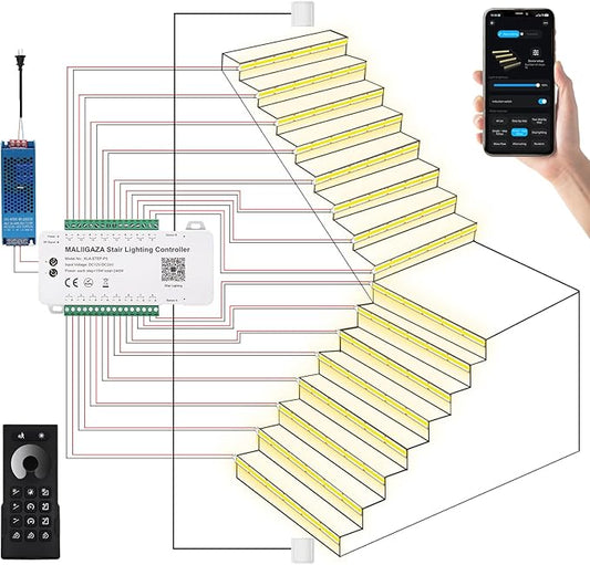 Smart Motion Sensor Staircase LED Strip Lights Kit, Intelligent 16-Step Light Controlled by APP & Remote(Not Include Battery) with 3000K Strips, Ideal for Indoor Stair Light Hallways & Stairs