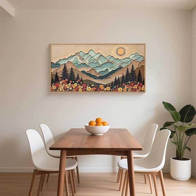 Large Boho Wood Grain Mountain Framed Canvas Wall Art Set,Vintage Sunrise Forest Floral Wall Decor,Rustic Natural Wilderness Art Printing for Living Room,Bedroom,Office-20 * 40"